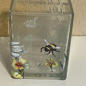 Teleflora Glass Vase w/ Bees & Flowers French Script Square Floral Decor